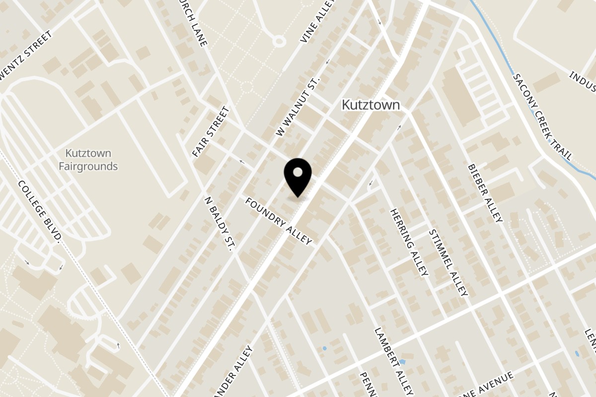 Map showing the location of Tommyboy's Pizza and Cafe on 313 W Main St in Kutztown